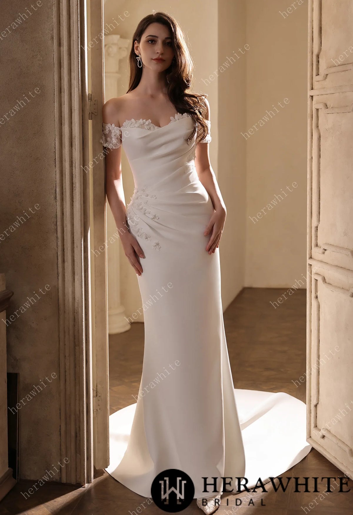 Eelegant Satin Pleated Bodice Fit-And-Flare Wedding Dress With 3-D Lace Motifs — HW3813 — image 1