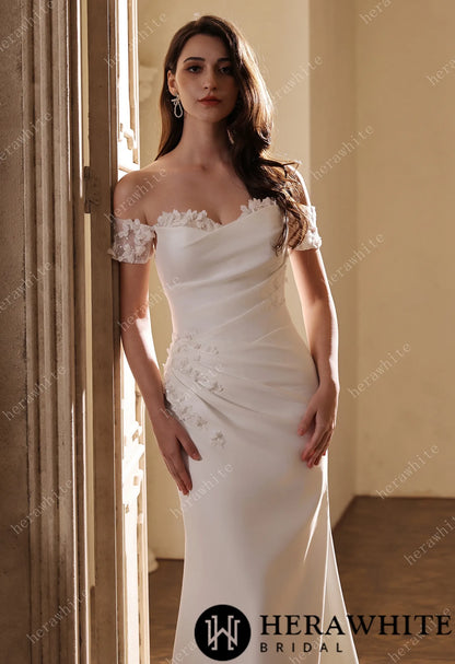Eelegant Satin Pleated Bodice Fit-And-Flare Wedding Dress With 3-D Lace Motifs — HW3813 — image 2