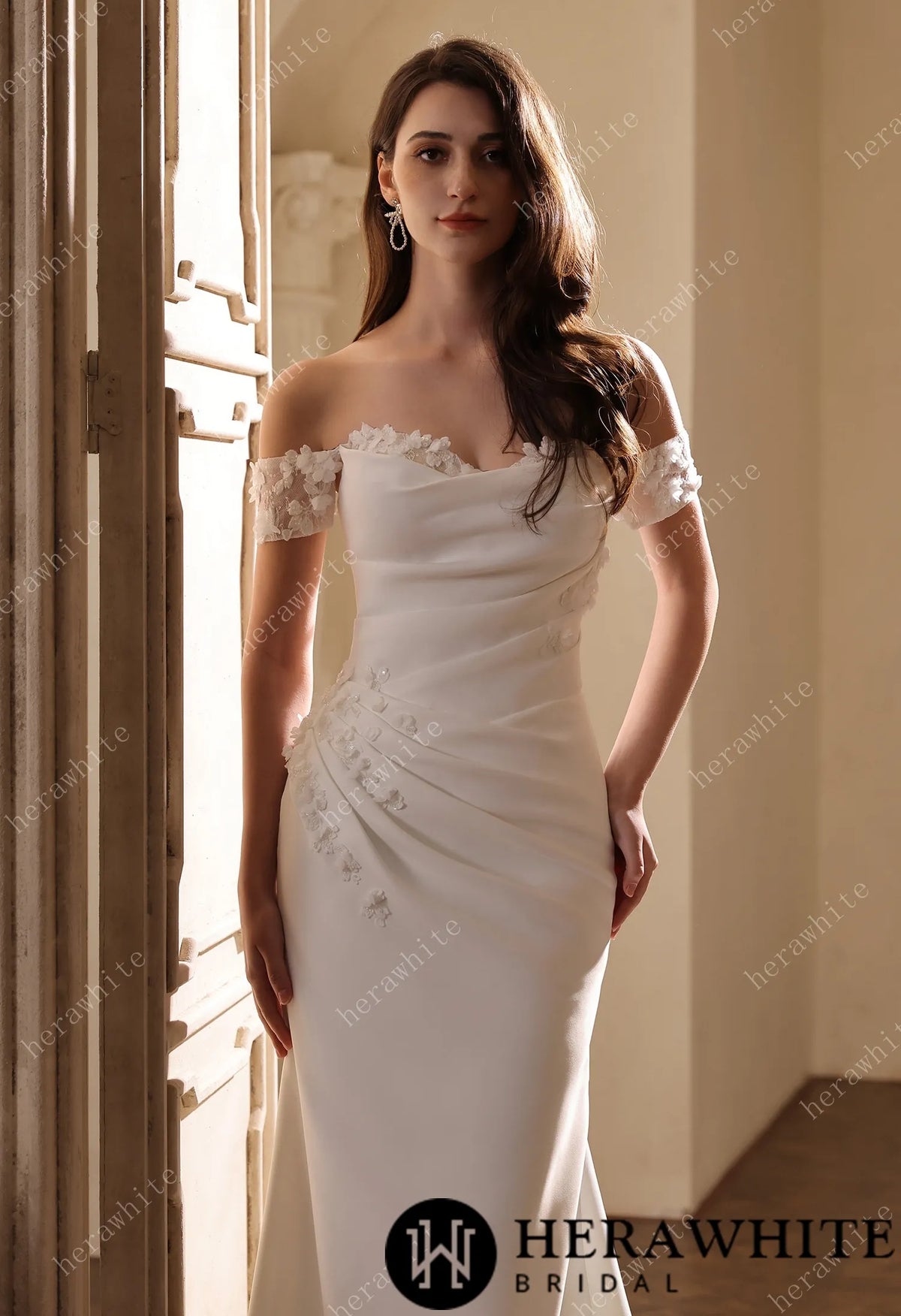 Eelegant Satin Pleated Bodice Fit-And-Flare Wedding Dress With 3-D Lace Motifs — HW3813 — image 3