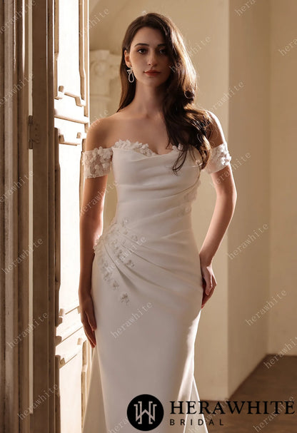 Eelegant Satin Pleated Bodice Fit-And-Flare Wedding Dress With 3-D Lace Motifs — HW3813 — image 3