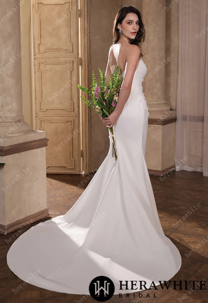 Eelegant Satin Pleated Bodice Fit-And-Flare Wedding Dress With 3-D Lace Motifs — HW3813 — image 4