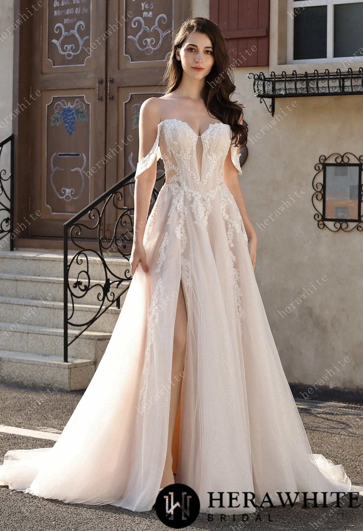 Romantic Off-the-Shoulder Sheer Lace Glitter Tulle Bridal Gown with Thigh Slit — HW3825 — image 1