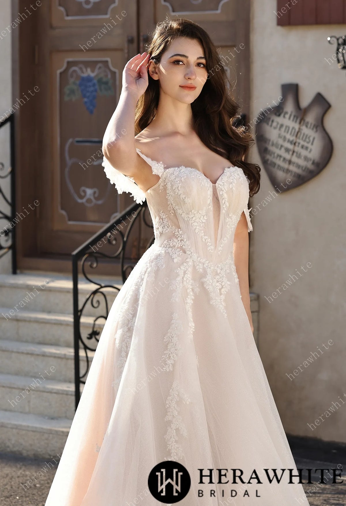 Romantic Off-the-Shoulder Sheer Lace Glitter Tulle Bridal Gown with Thigh Slit — HW3825 — image 2