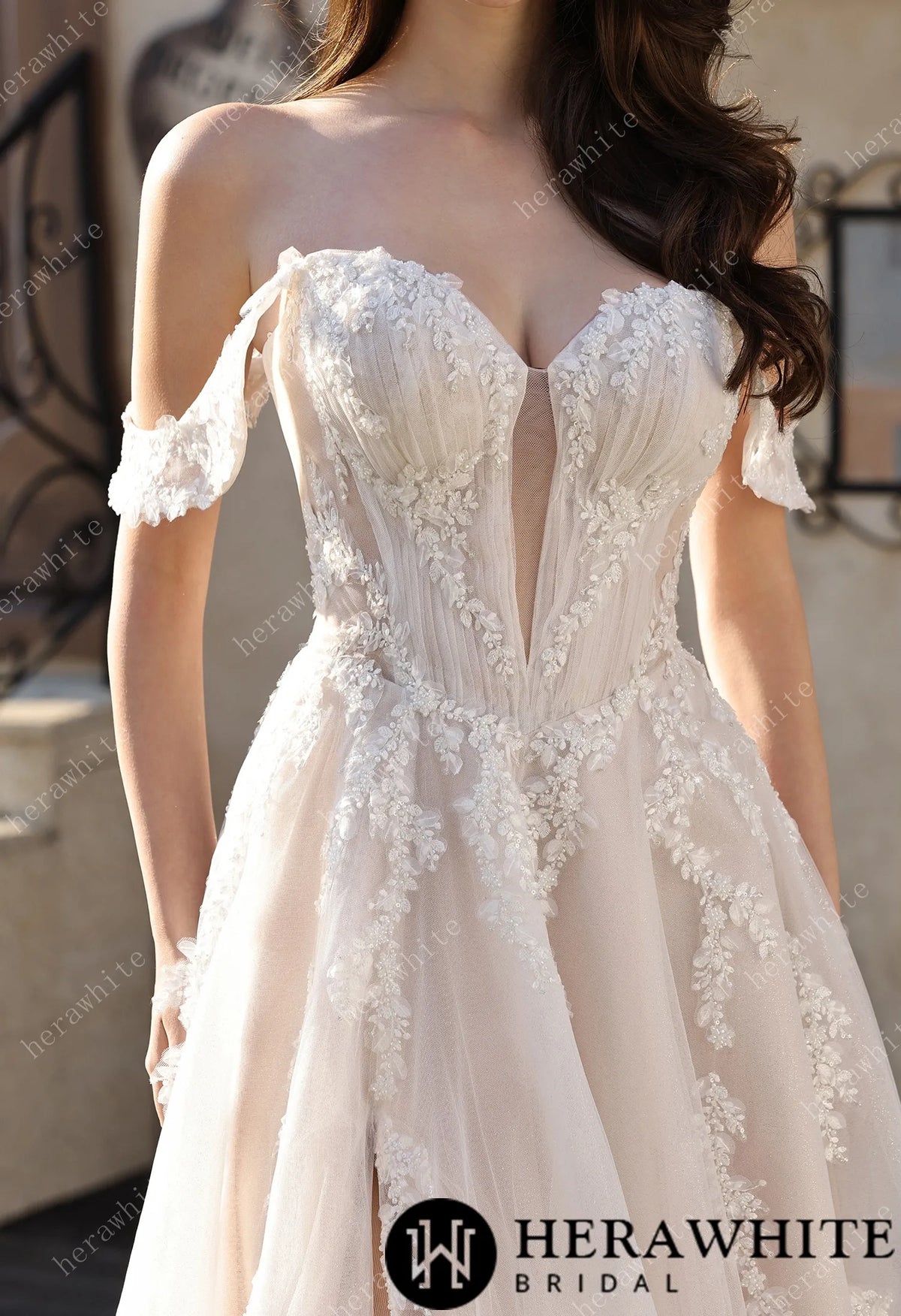 Romantic Off-the-Shoulder Sheer Lace Glitter Tulle Bridal Gown with Thigh Slit — HW3825 — image 3