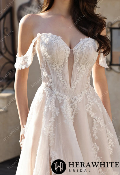 Romantic Off-the-Shoulder Sheer Lace Glitter Tulle Bridal Gown with Thigh Slit — HW3825 — image 3