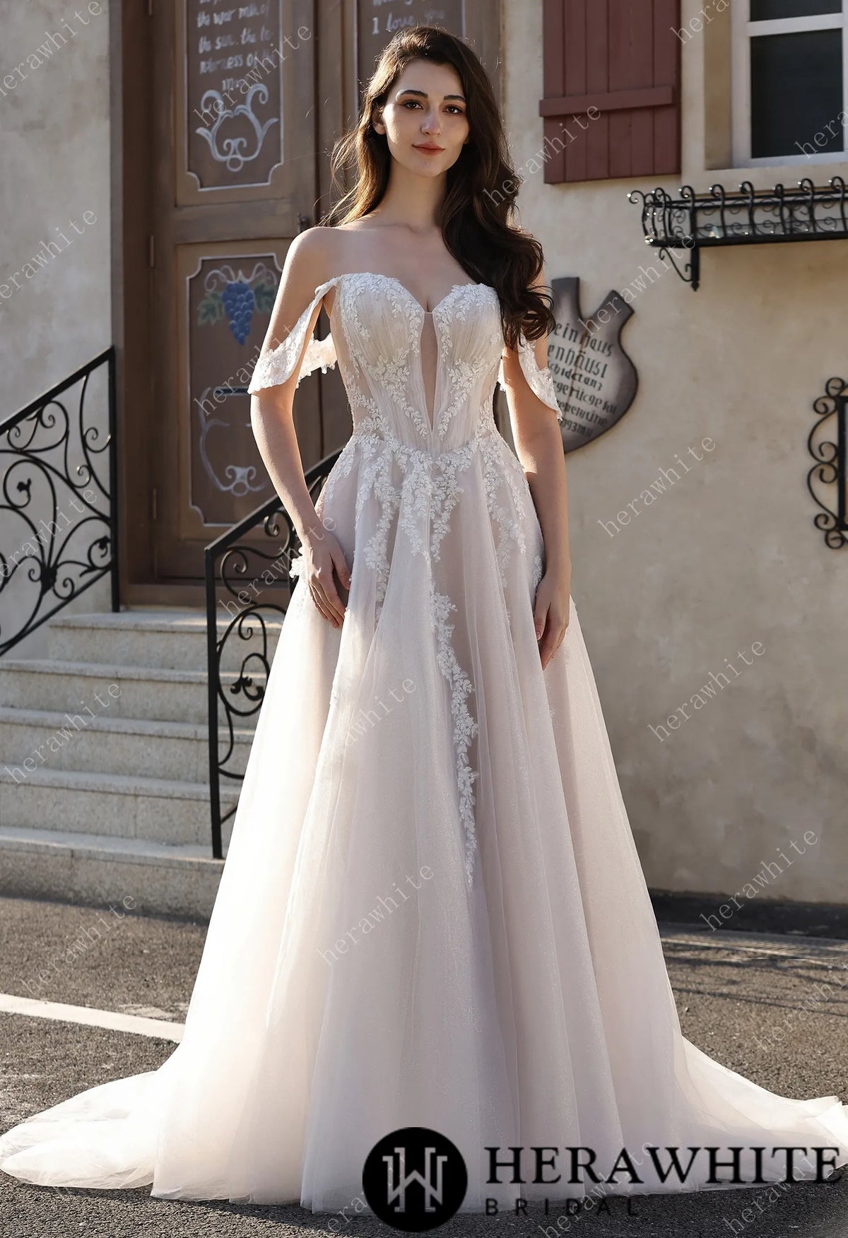 Romantic Off-the-Shoulder Sheer Lace Glitter Tulle Bridal Gown with Thigh Slit — HW3825 — image 4