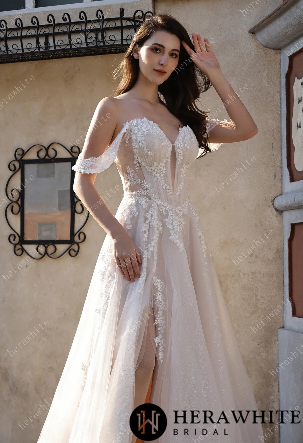 Romantic Off-the-Shoulder Sheer Lace Glitter Tulle Bridal Gown with Thigh Slit — HW3825 — image 5