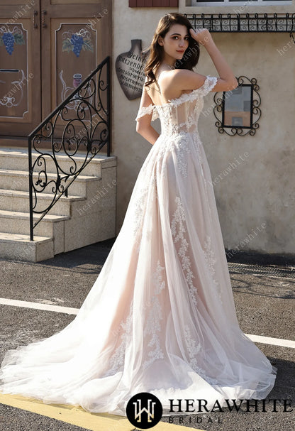 Romantic Off-the-Shoulder Sheer Lace Glitter Tulle Bridal Gown with Thigh Slit — HW3825 — image 6
