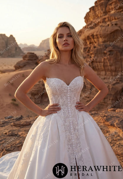 Strapless Sweetheart Lace & Satin Ball Wedding Dress — HW3827 — image 3