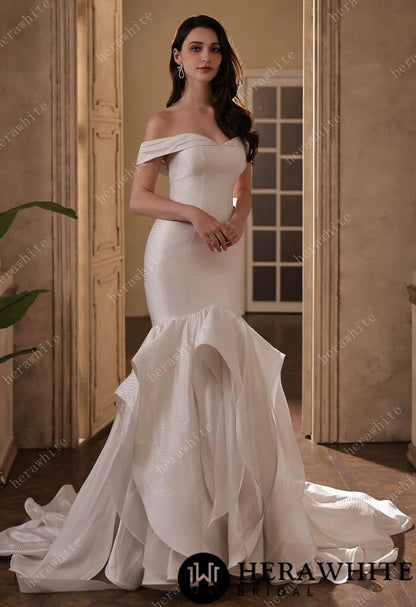 Off-the-Shoulder Textured  Fit And Flare Silhouette Wedding Dress With Ruffle Skirt — HW3832 — image 1