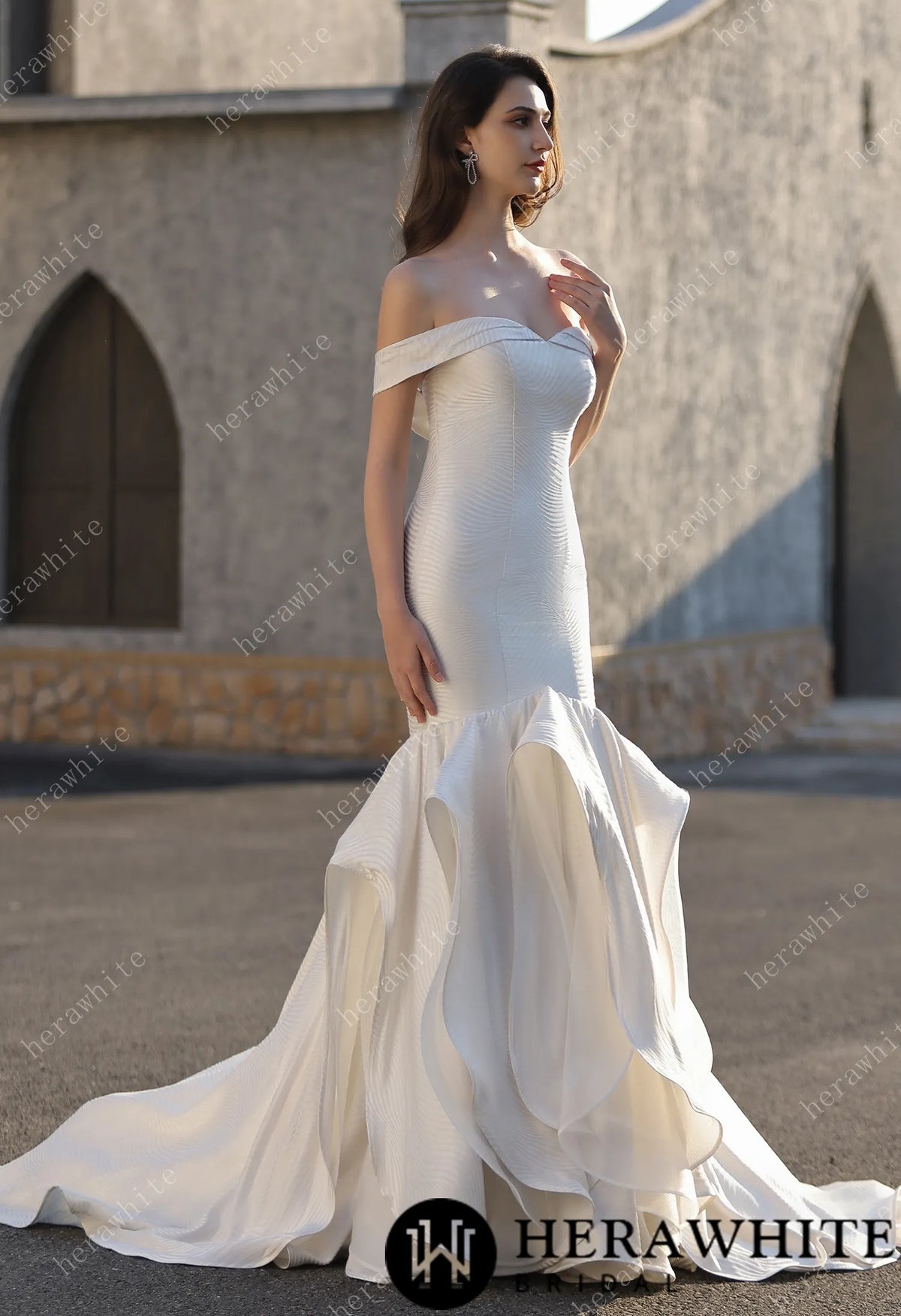 Off-the-Shoulder Textured  Fit And Flare Silhouette Wedding Dress With Ruffle Skirt — HW3832 — image 2