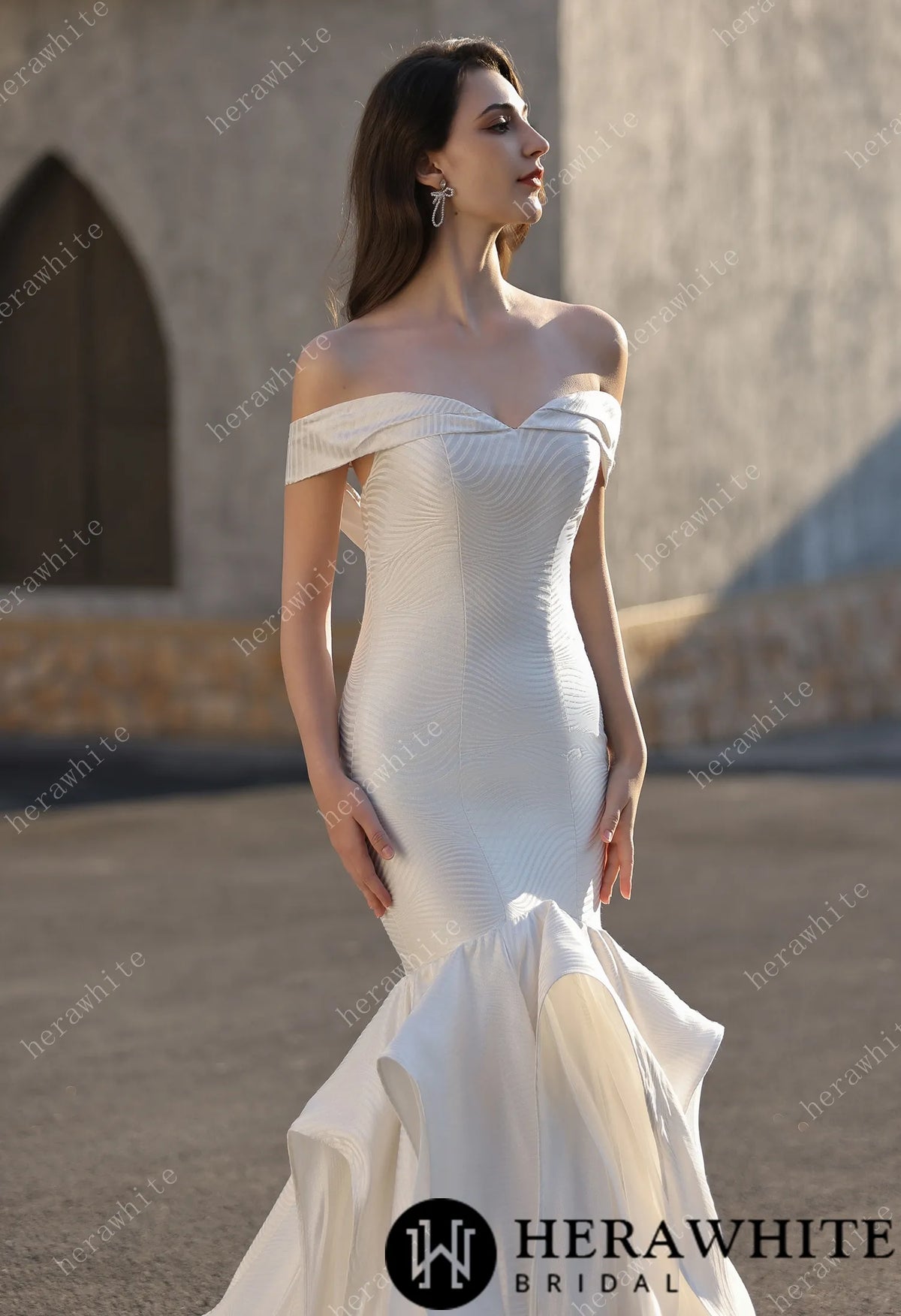 Off-the-Shoulder Textured  Fit And Flare Silhouette Wedding Dress With Ruffle Skirt — HW3832 — image 3