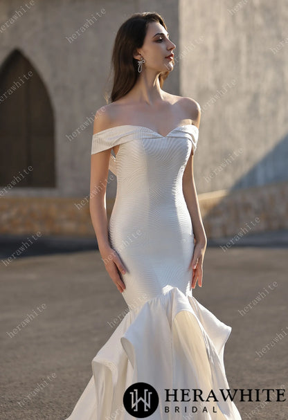 Off-the-Shoulder Textured  Fit And Flare Silhouette Wedding Dress With Ruffle Skirt — HW3832 — image 3