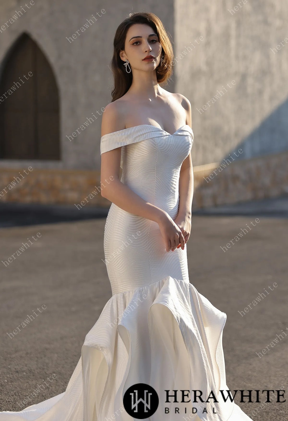 Off-the-Shoulder Textured  Fit And Flare Silhouette Wedding Dress With Ruffle Skirt — HW3832 — image 4