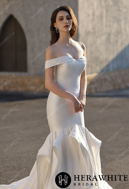 Off-the-Shoulder Textured  Fit And Flare Silhouette Wedding Dress With Ruffle Skirt — HW3832 — image 4