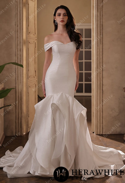 Off-the-Shoulder Textured  Fit And Flare Silhouette Wedding Dress With Ruffle Skirt — HW3832 — image 5