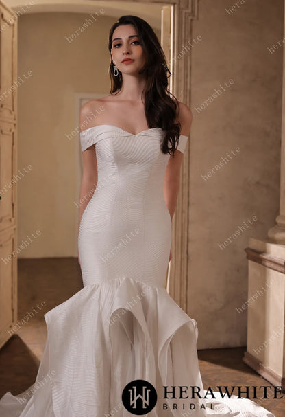 Off-the-Shoulder Textured  Fit And Flare Silhouette Wedding Dress With Ruffle Skirt — HW3832 — image 6