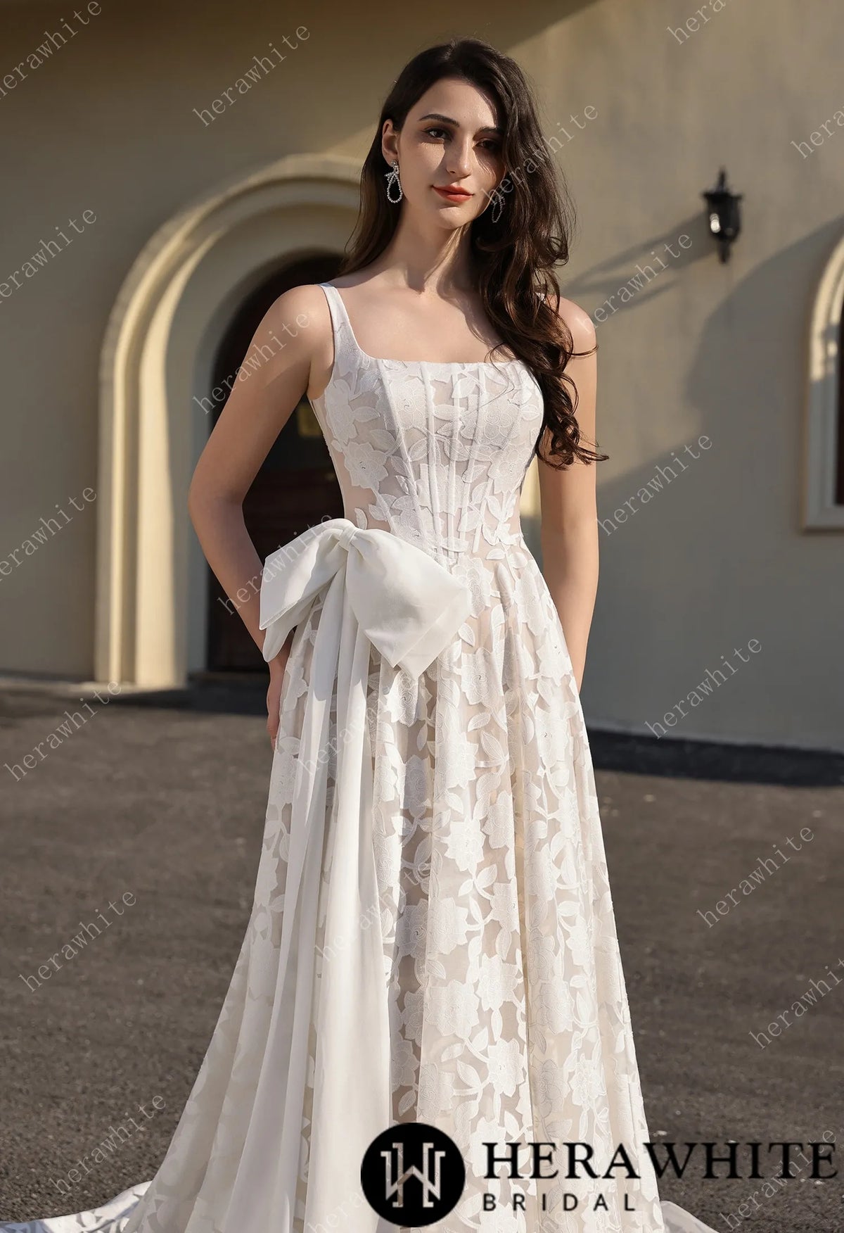 Romantic Silhouette Square-Neck Flower Lace Wedding Dress — HW3839 — image 2