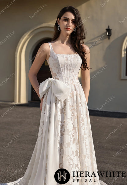 Romantic Silhouette Square-Neck Flower Lace Wedding Dress — HW3839 — image 2