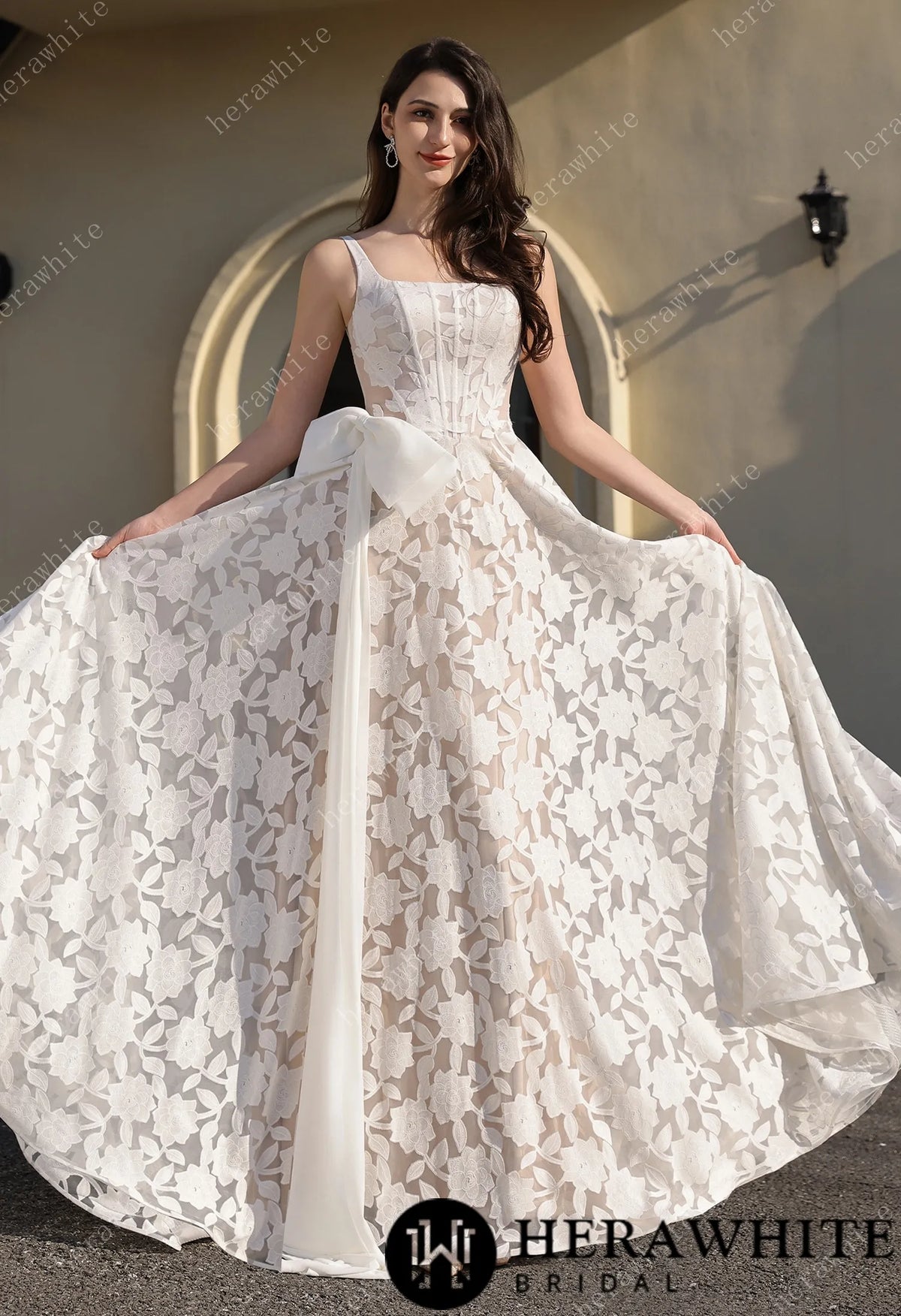 Romantic Silhouette Square-Neck Flower Lace Wedding Dress — HW3839 — image 3