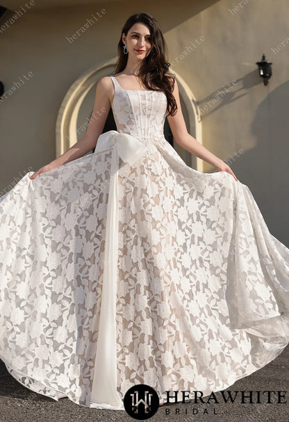 Romantic Silhouette Square-Neck Flower Lace Wedding Dress — HW3839 — image 3
