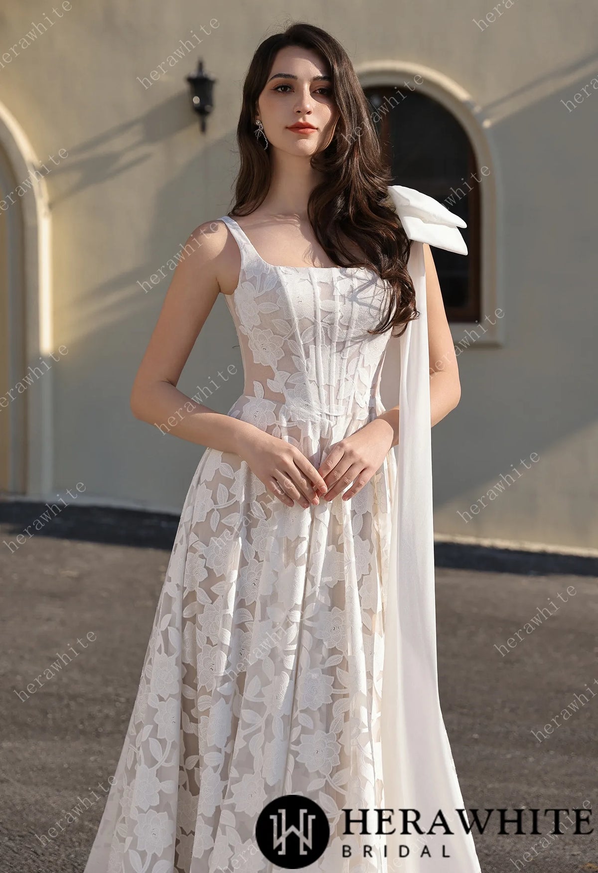 Romantic Silhouette Square-Neck Flower Lace Wedding Dress — HW3839 — image 4