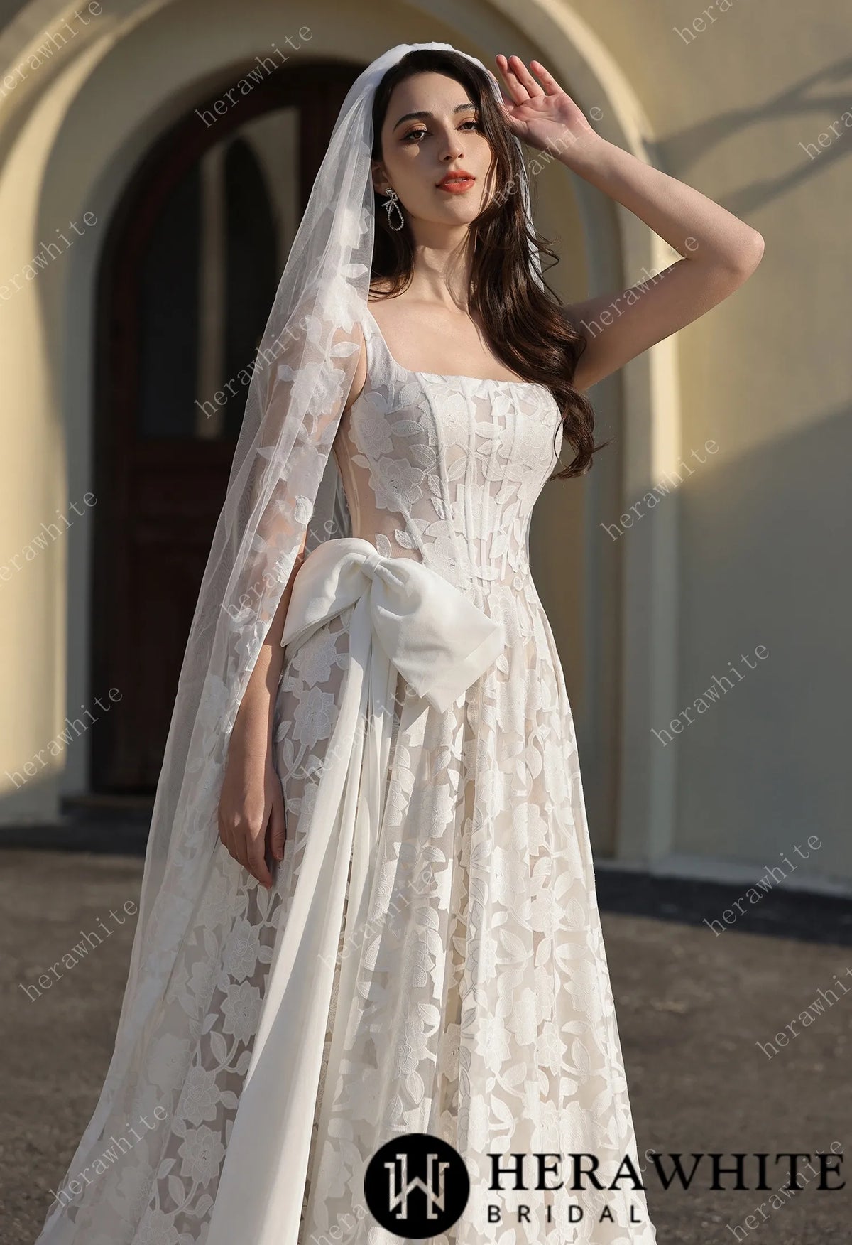 Romantic Silhouette Square-Neck Flower Lace Wedding Dress — HW3839 — image 6