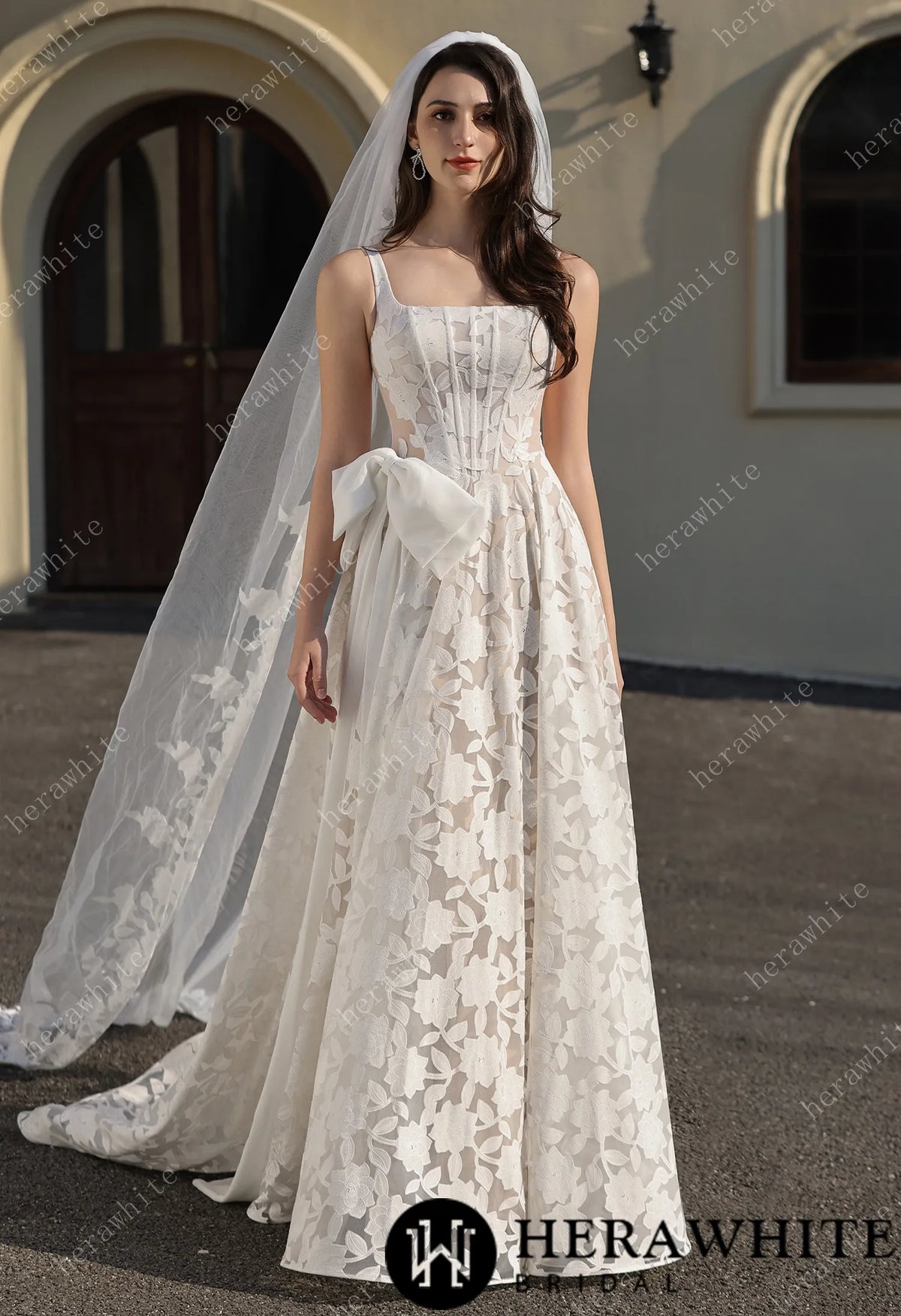 Romantic Silhouette Square-Neck Flower Lace Wedding Dress — HW3839 — image 7