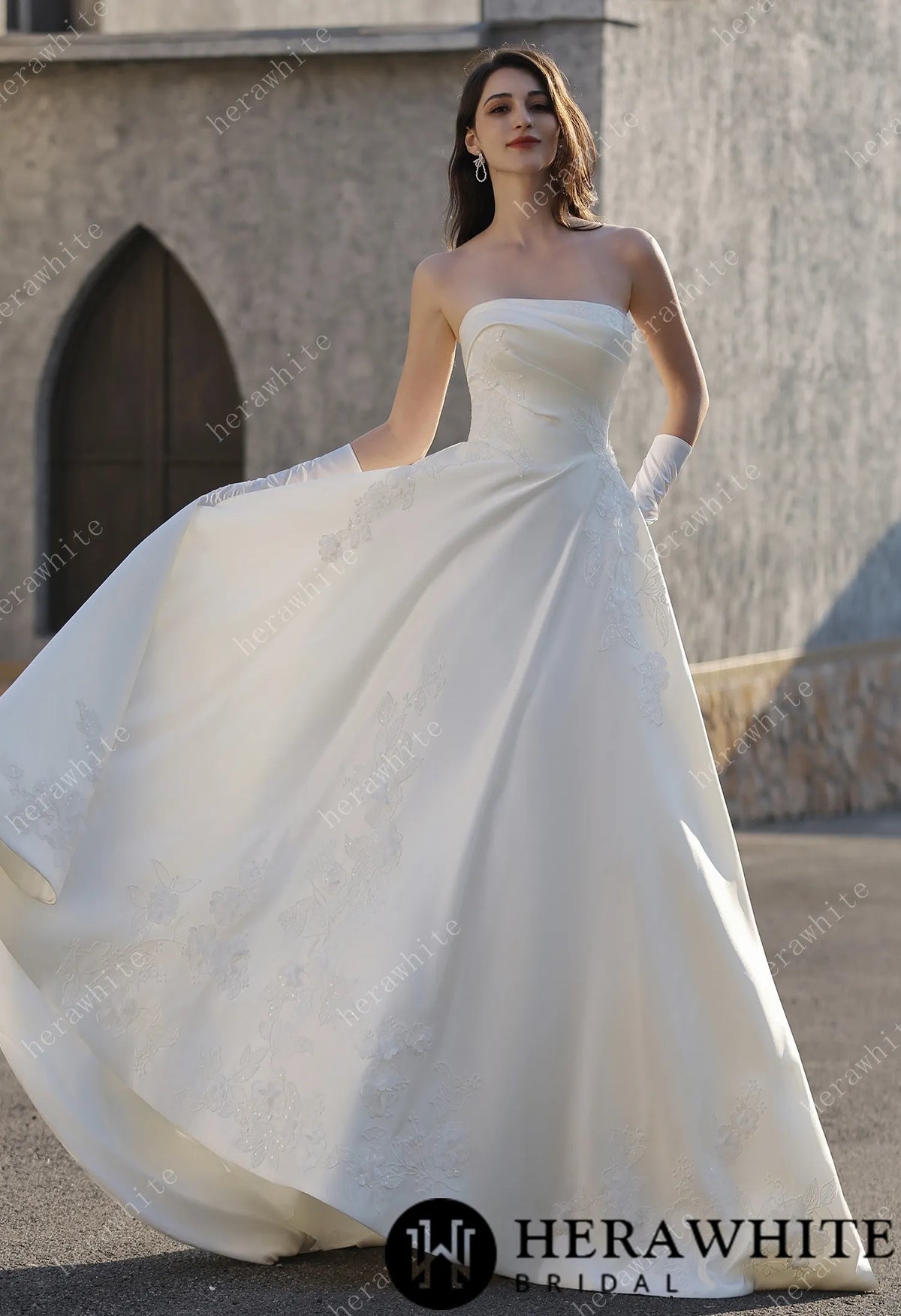 Strapless Satin Ballgown With  3D -Embroidered Floral Accents — HW3840 — image 1