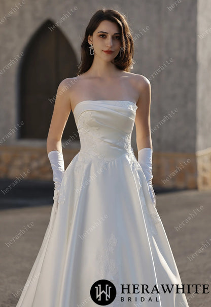 Strapless Satin Ballgown With  3D -Embroidered Floral Accents — HW3840 — image 2