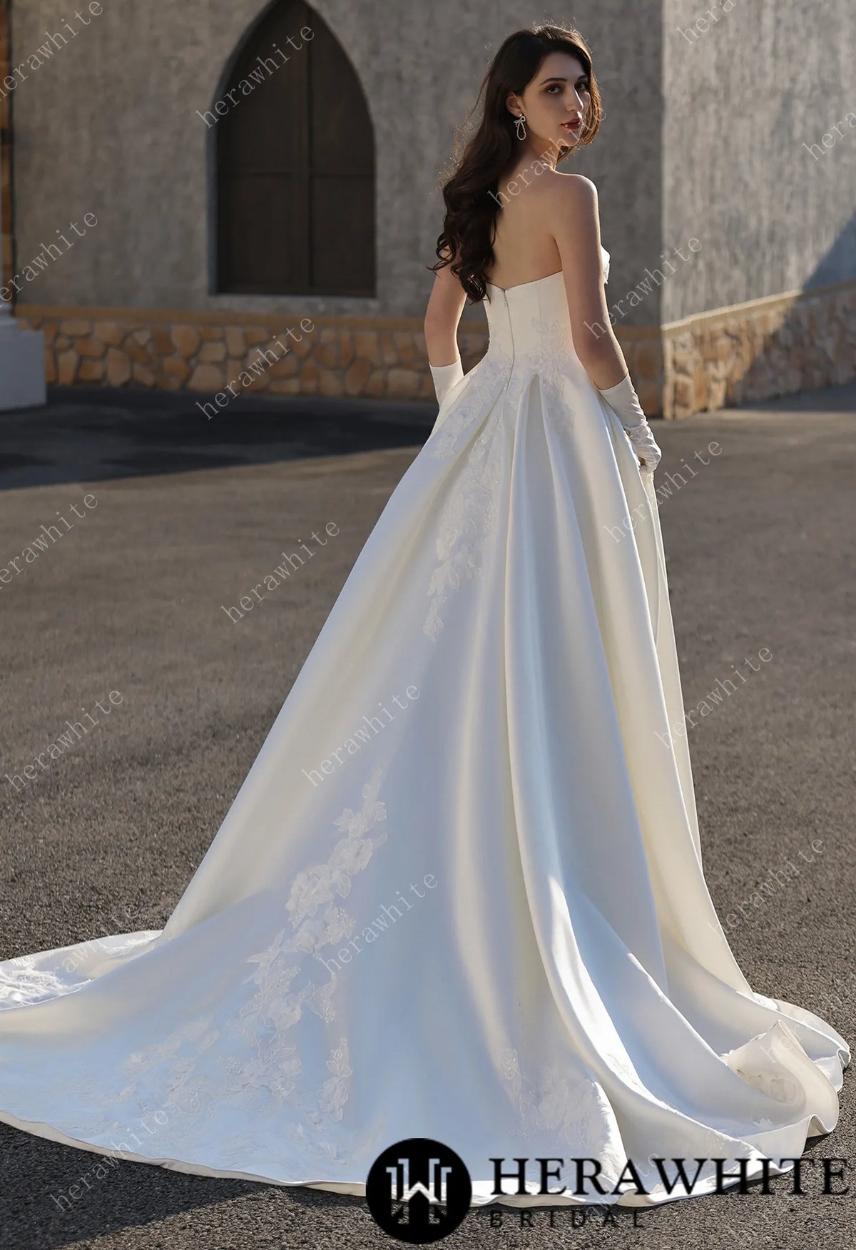 Strapless Satin Ballgown With  3D -Embroidered Floral Accents — HW3840 — image 3