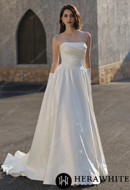 Strapless Satin Ballgown With  3D -Embroidered Floral Accents — HW3840 — image 4