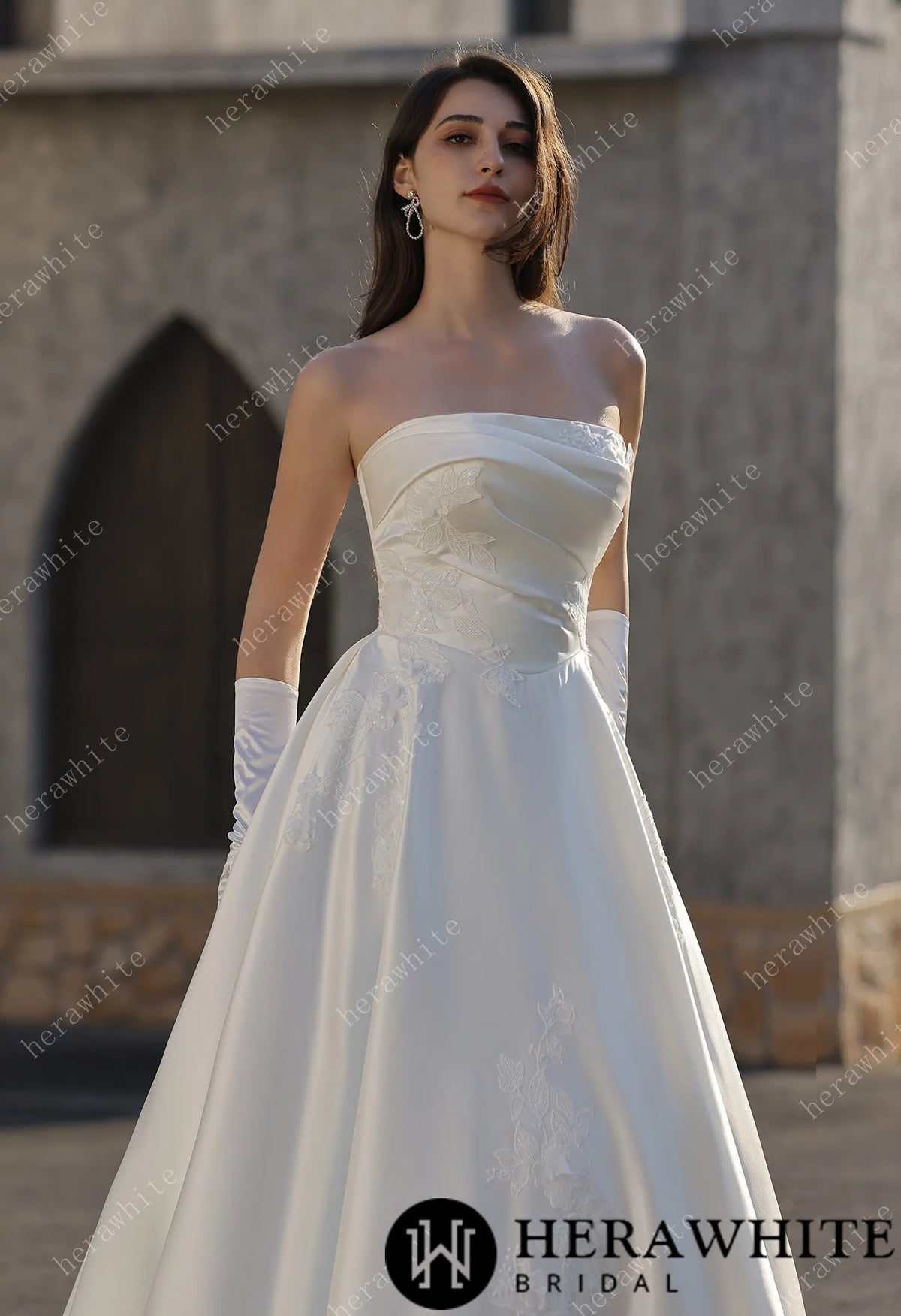 Strapless Satin Ballgown With  3D -Embroidered Floral Accents — HW3840 — image 5