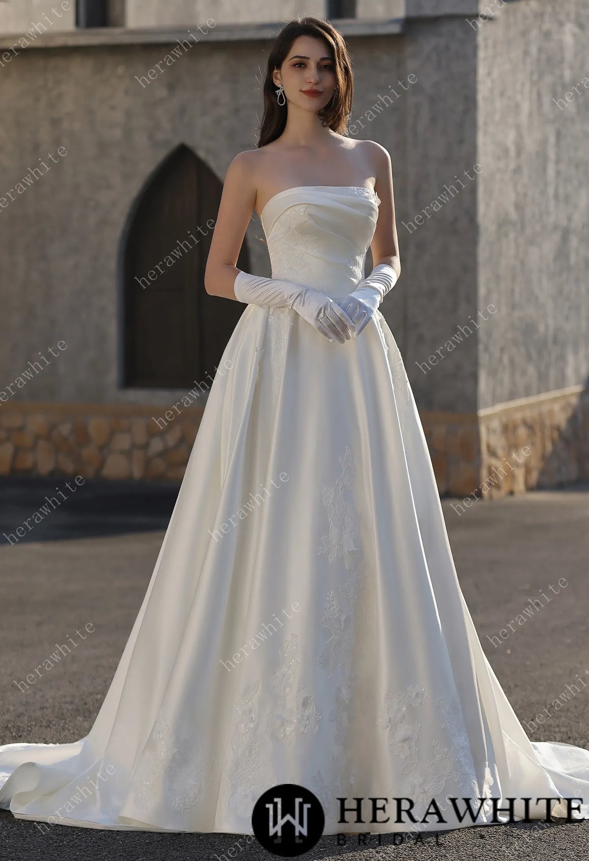 Strapless Satin Ballgown With  3D -Embroidered Floral Accents — HW3840 — image 6