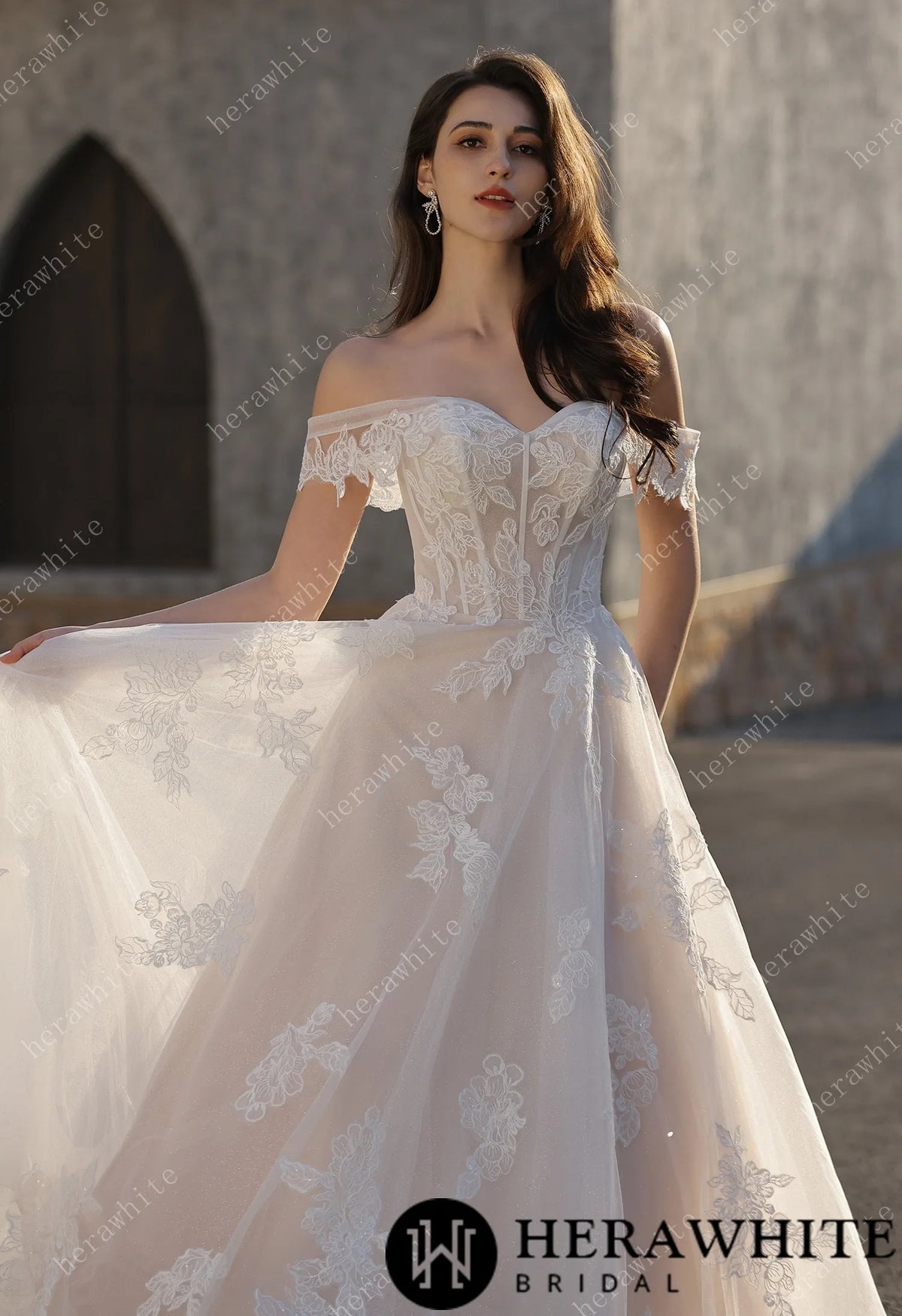 Romance Off-Shoulder Lace Strap Bride Dress — HW3842 — image 1