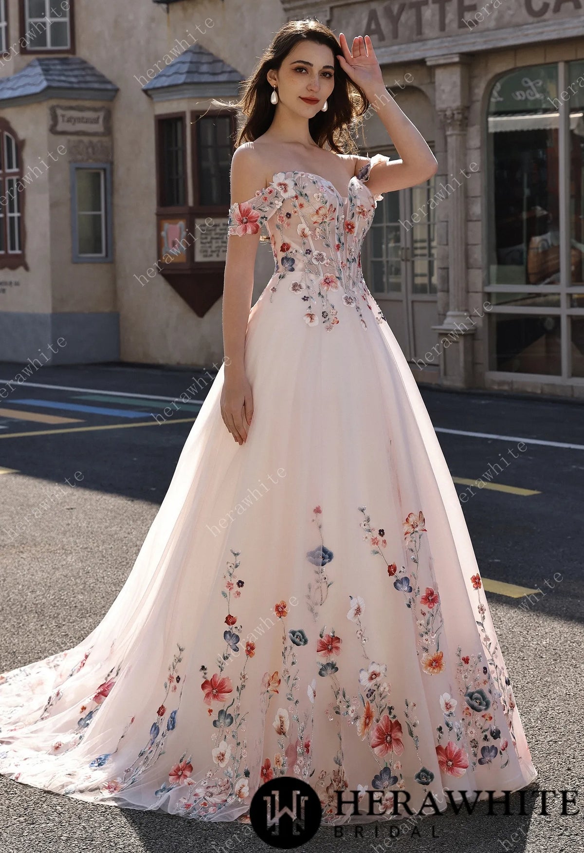 Colorful Lace Wedding Dress With Off-Shoulder Sleeves– Blush Pink Elegant Bridal Gown — HW3852 — image 1