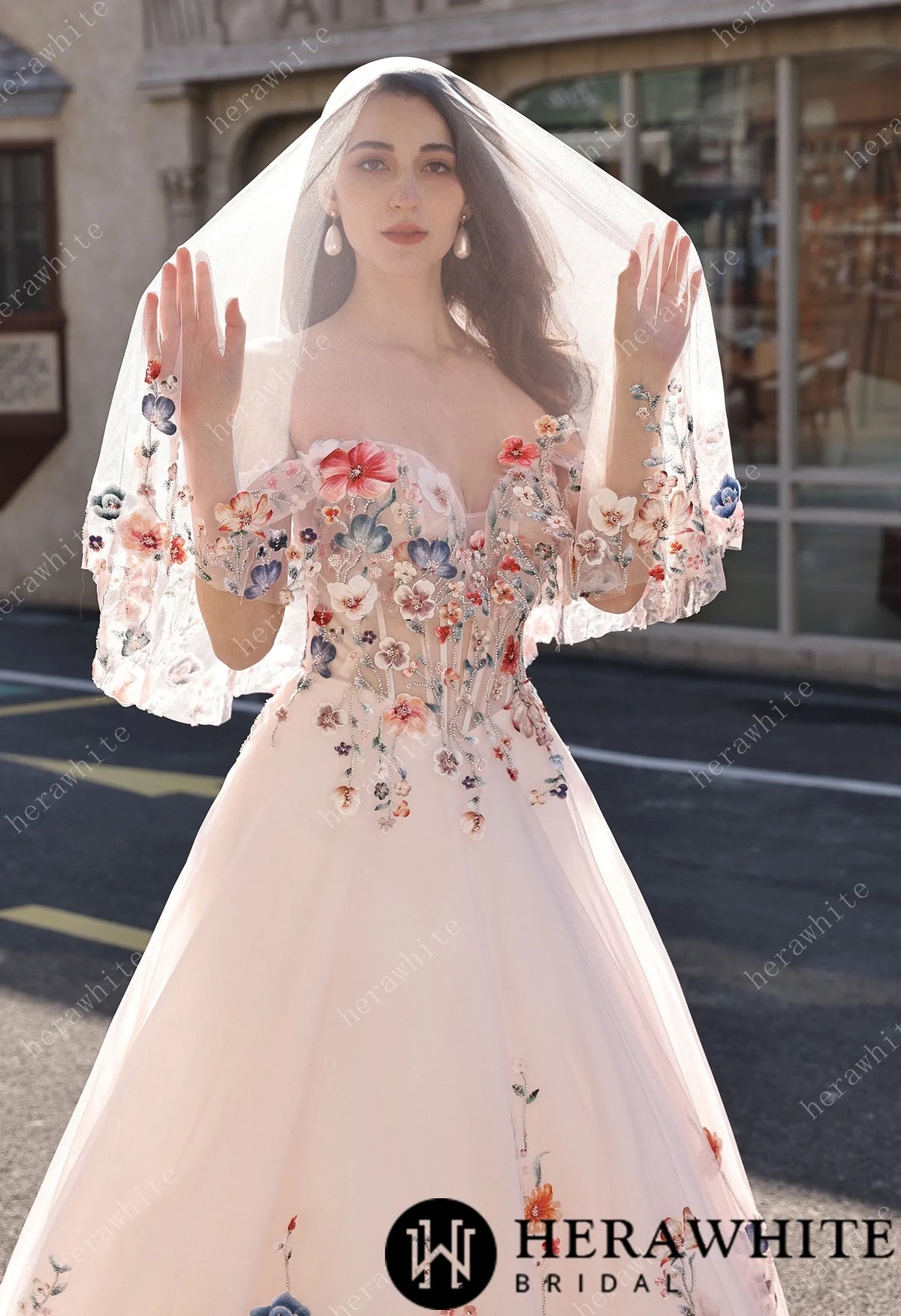 Colorful Lace Wedding Dress With Off-Shoulder Sleeves– Blush Pink Elegant Bridal Gown — HW3852 — image 2