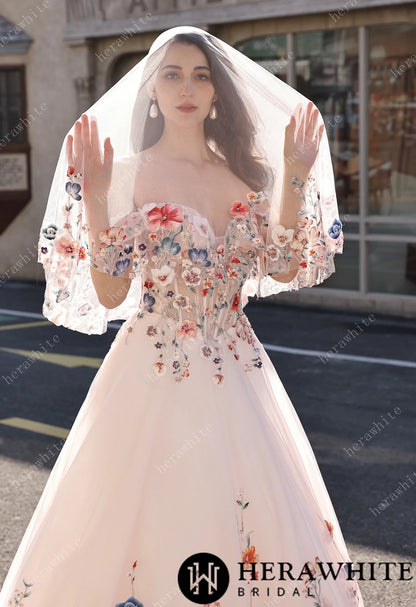 Colorful Lace Wedding Dress With Off-Shoulder Sleeves– Blush Pink Elegant Bridal Gown — HW3852 — image 2