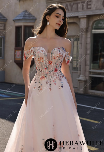 Colorful Lace Wedding Dress With Off-Shoulder Sleeves– Blush Pink Elegant Bridal Gown — HW3852 — image 3