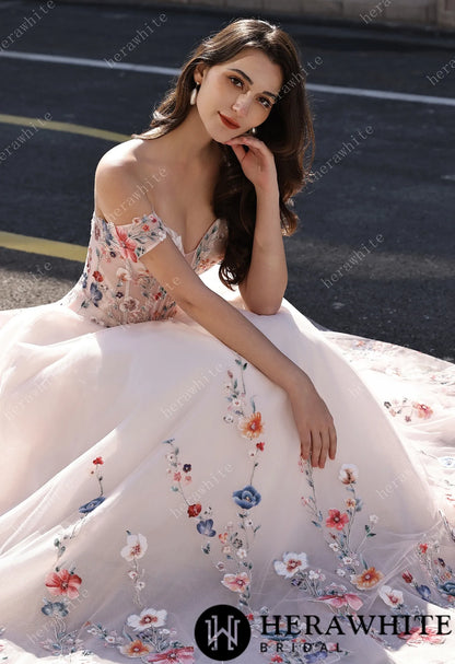 Colorful Lace Wedding Dress With Off-Shoulder Sleeves– Blush Pink Elegant Bridal Gown — HW3852 — image 4