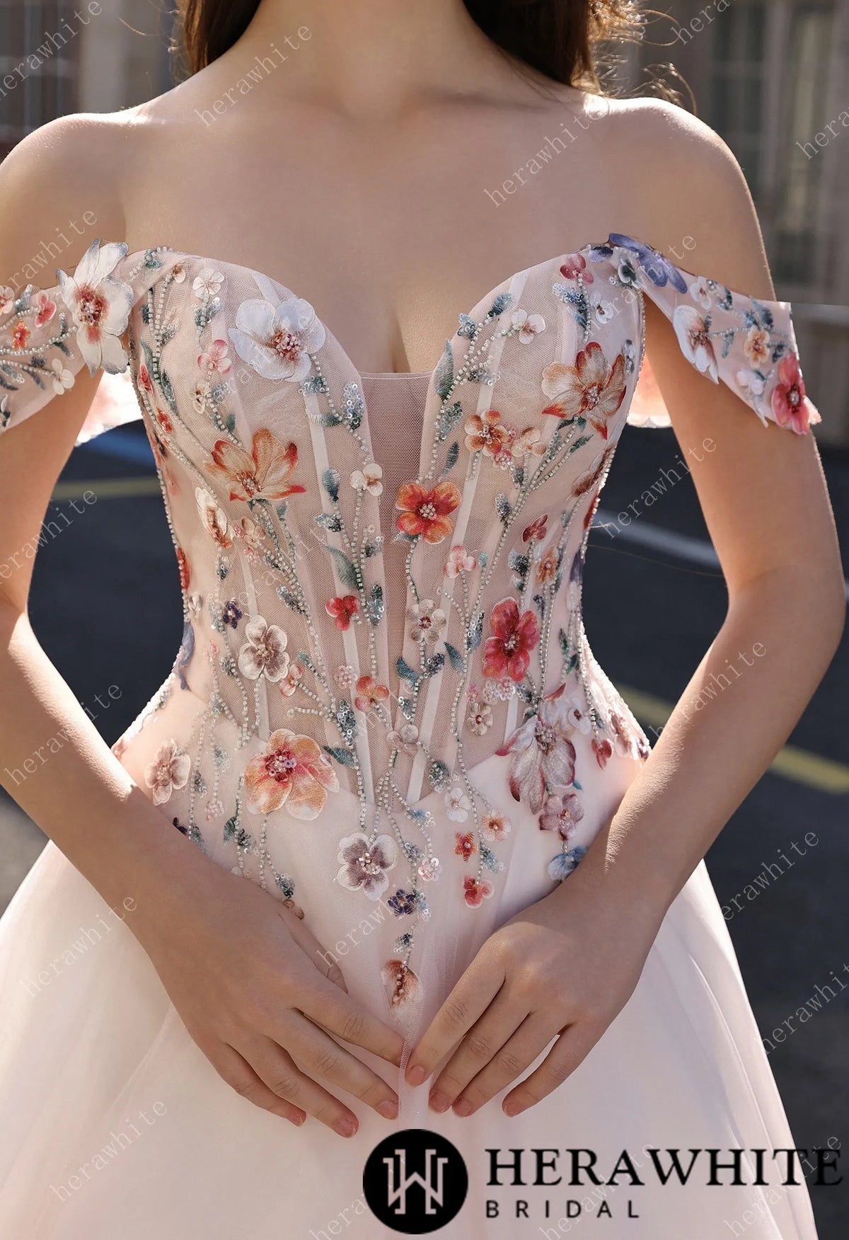 Colorful Lace Wedding Dress With Off-Shoulder Sleeves– Blush Pink Elegant Bridal Gown — HW3852 — image 5