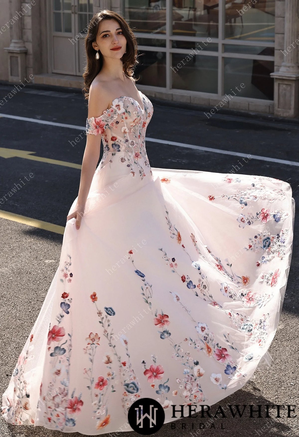 Colorful Lace Wedding Dress With Off-Shoulder Sleeves– Blush Pink Elegant Bridal Gown — HW3852 — image 6