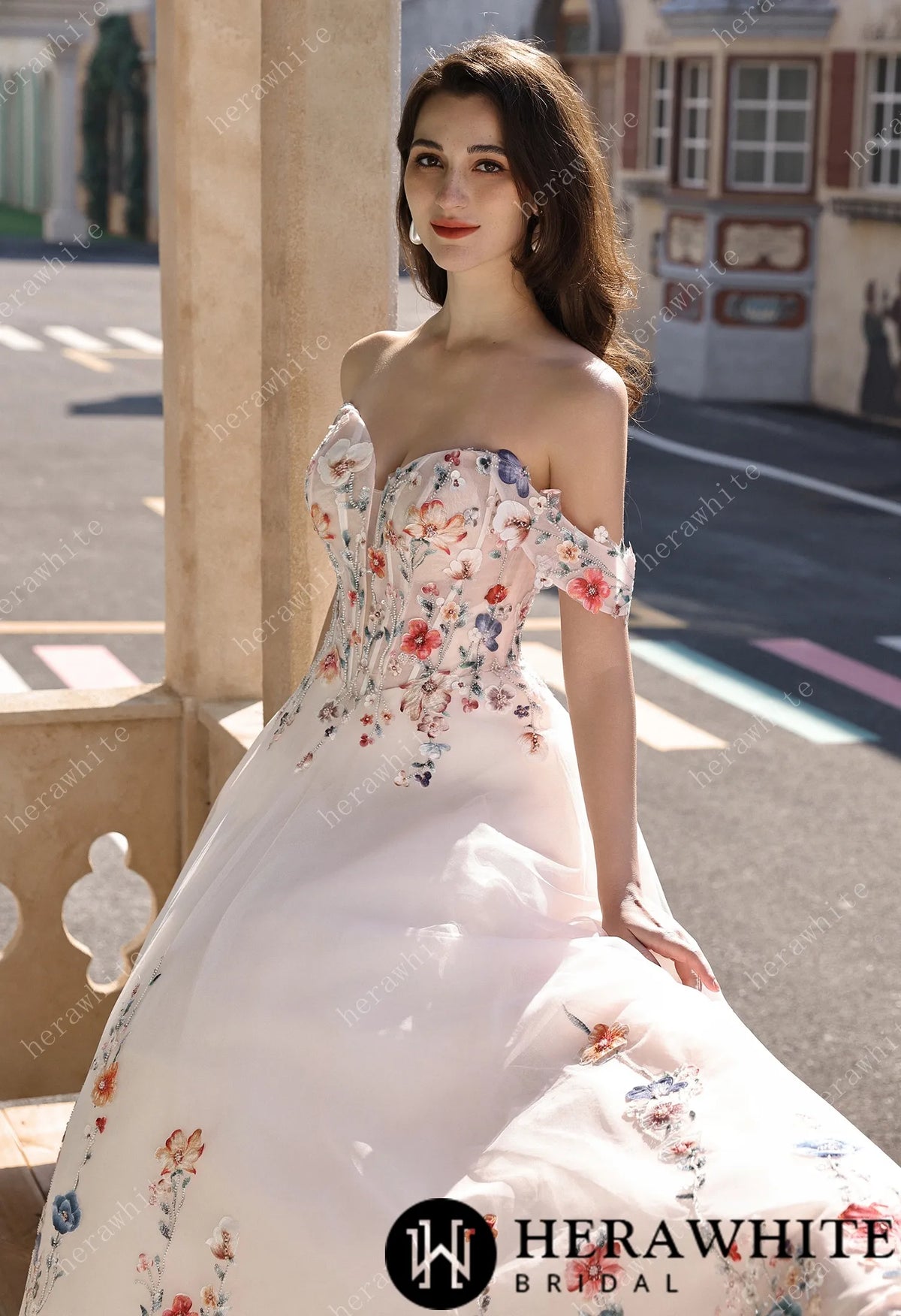 Colorful Lace Wedding Dress With Off-Shoulder Sleeves– Blush Pink Elegant Bridal Gown — HW3852 — image 7