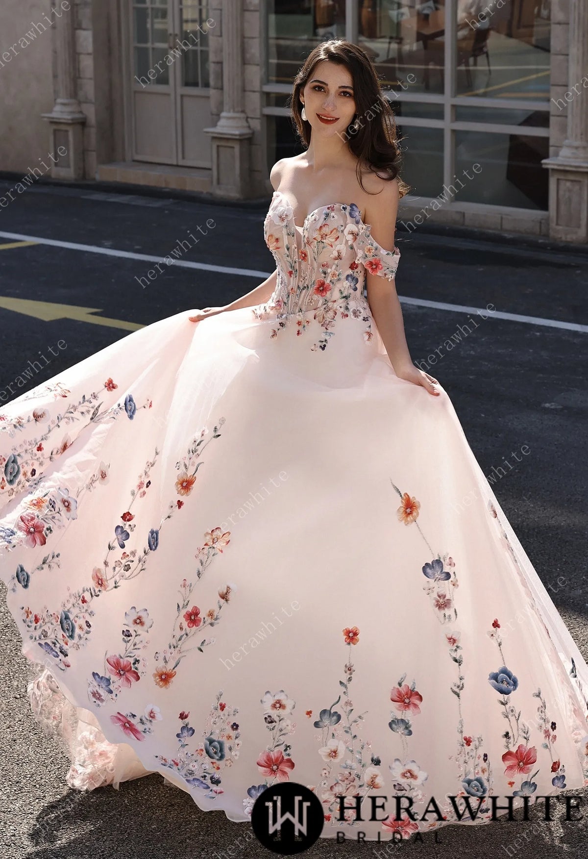Colorful Lace Wedding Dress With Off-Shoulder Sleeves– Blush Pink Elegant Bridal Gown — HW3852 — image 8