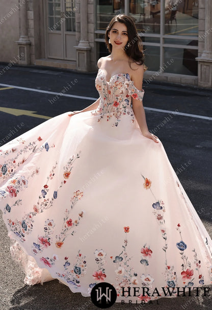 Colorful Lace Wedding Dress With Off-Shoulder Sleeves– Blush Pink Elegant Bridal Gown — HW3852 — image 8