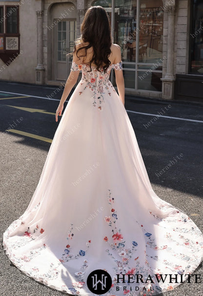 Colorful Lace Wedding Dress With Off-Shoulder Sleeves– Blush Pink Elegant Bridal Gown — HW3852 — image 9