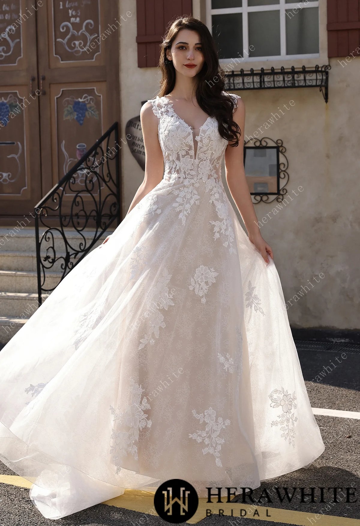 Timeless Sweetheart Neckline 3D Lace  A-line Wedding Dress With Pearl Chain Back Detail — HW3854 — image 1