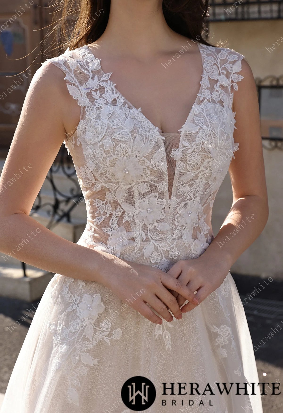 Timeless Sweetheart Neckline 3D Lace  A-line Wedding Dress With Pearl Chain Back Detail — HW3854 — image 2