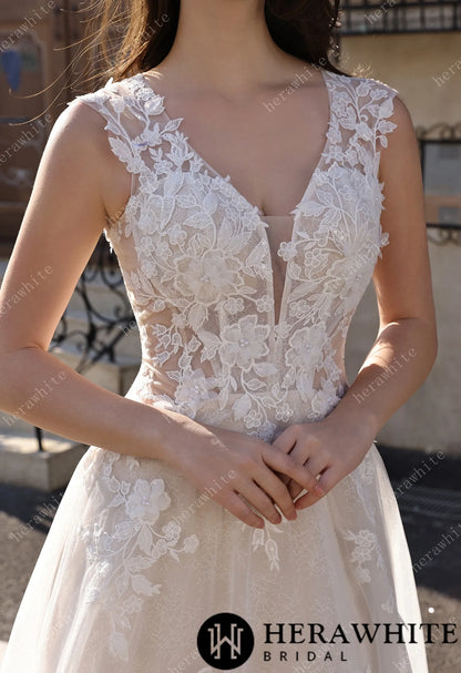 Timeless Sweetheart Neckline 3D Lace  A-line Wedding Dress With Pearl Chain Back Detail — HW3854 — image 2