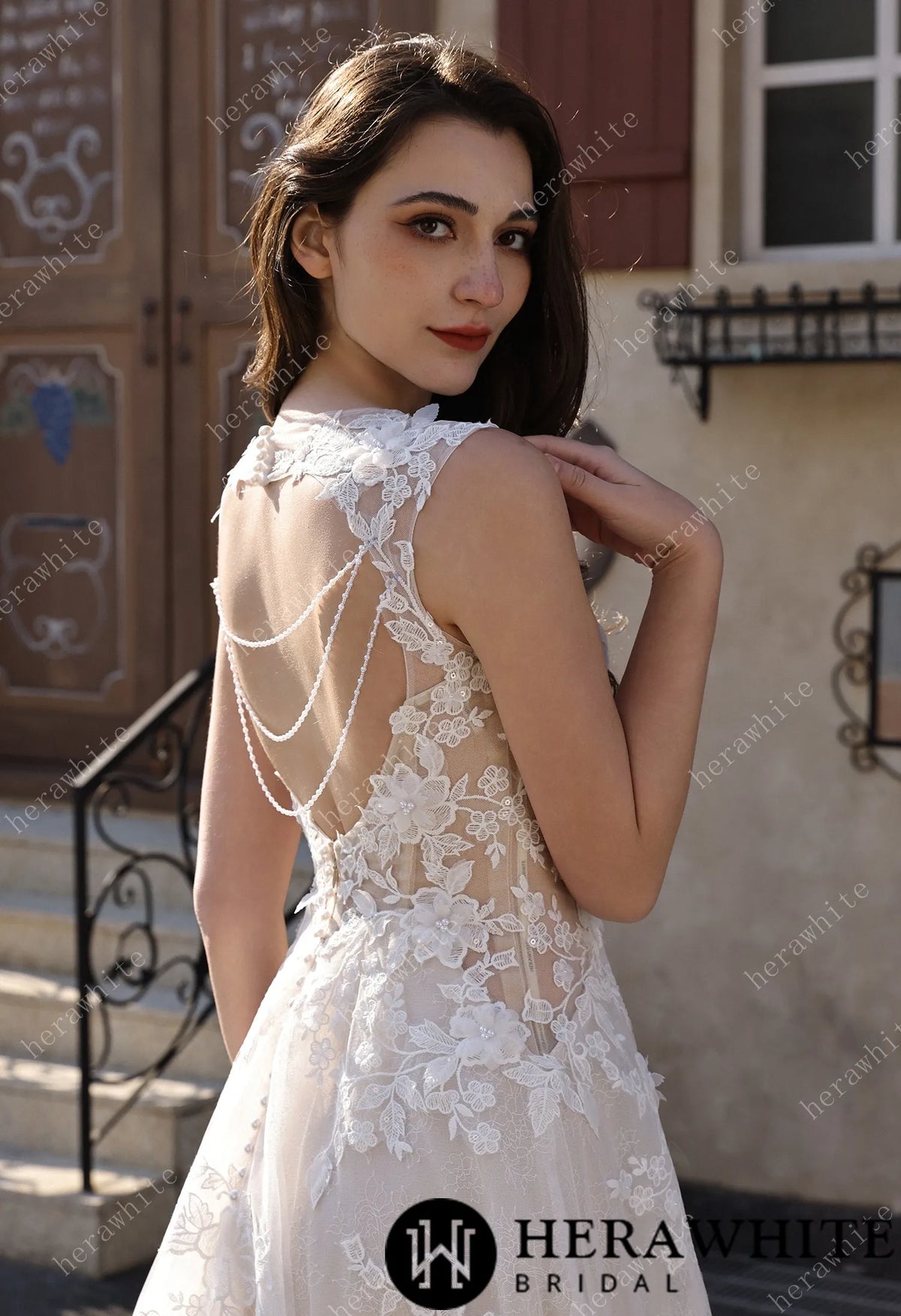 Timeless Sweetheart Neckline 3D Lace  A-line Wedding Dress With Pearl Chain Back Detail — HW3854 — image 3